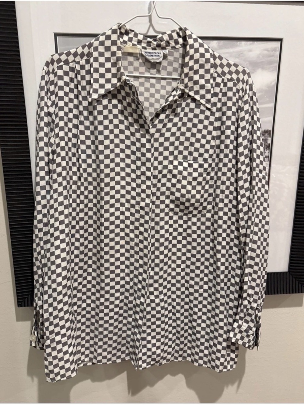 Vintage Benetton Checkered Shirt Mens M Gray White Button Up 90s Retro